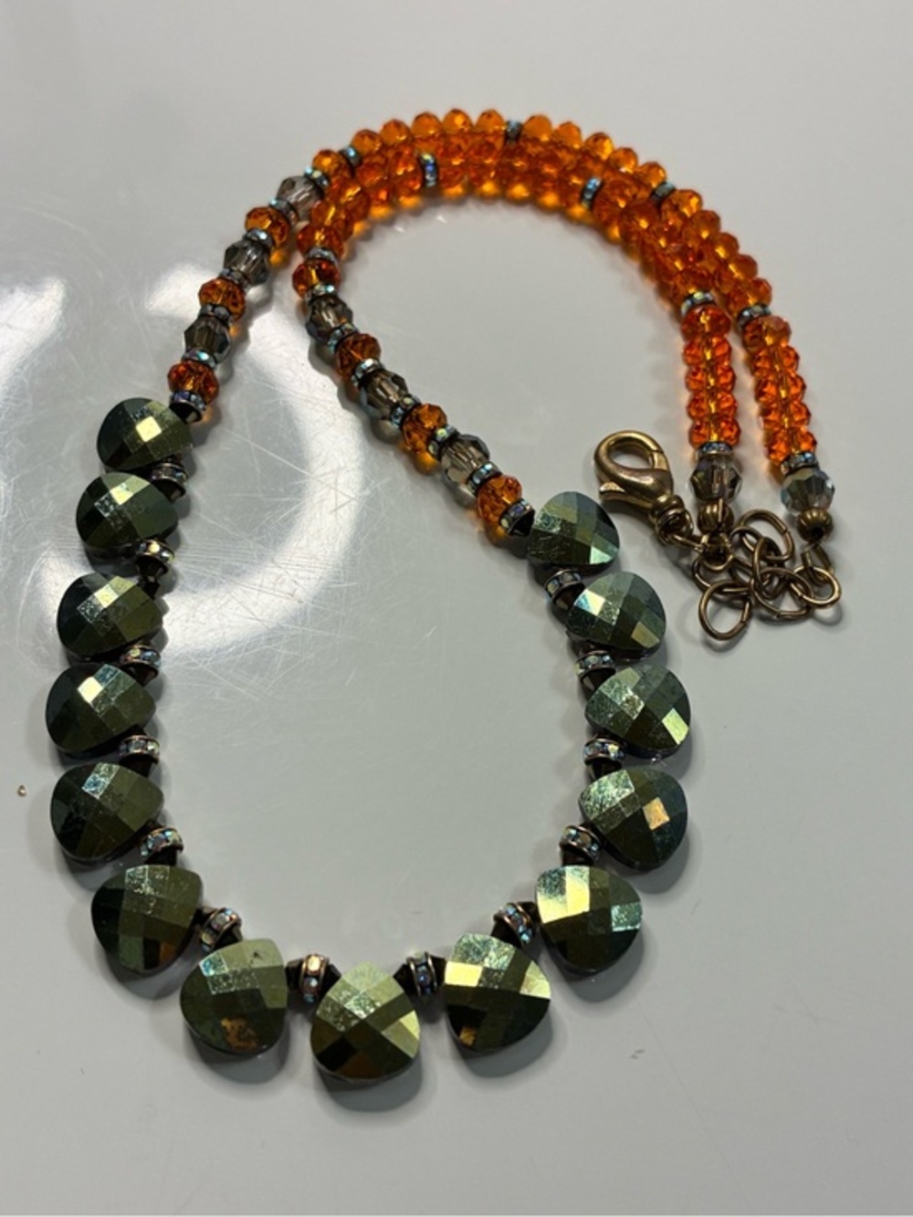 Handmade Iridescent Oil Slick Dew Drop & Orange Faceted Crystal Beaded Necklace